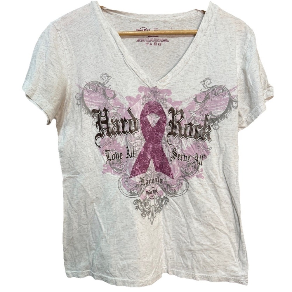 Hard Rock Cafe White Pinktober Breast Cancer Awareness Tee Honolulu Size Large
